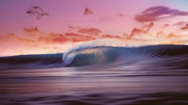 Sunset Serenity: Surf's Dream - Captivating image of the perfect surf wave set against a vibrant sunset. Ideal for surf, travel, and beach content or nature projects. Reworked generative AI