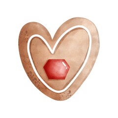 Sweet christmas cookie heart shaped with honey jam illustration. Watercolor christmas cookie clipart.
