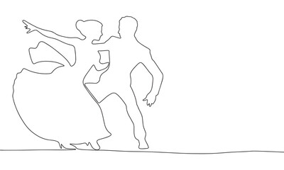 Fototapeta na wymiar One line continuous Man and woman are dancing. Latin dance concept banner in line art hand drawing style. Outline vector illustration.