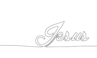One line continuous Jesus word. Religion concept banner in line art hand drawing style. Outline vector illustration.