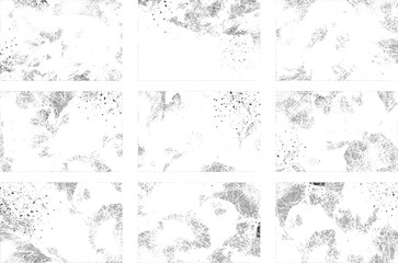 Overlay textures set stamp with grunge effect. Old damage Dirty grainy and scratches. Set of different distressed black grain texture. Distress overlay vector textures.	