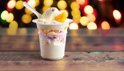 Creamy vanilla frozen yogurt topped with fresh tropical fruit served in a plastic takeaway tub with...