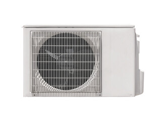 Condensing unit of air conditioner isolated on white background. Electrical home appliance. Air cooled condenser system. Air compressor for outdoor installation.