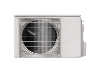 Condensing unit of air conditioner isolated on white background. Electrical home appliance. Air cooled condenser system. Air compressor for outdoor installation.