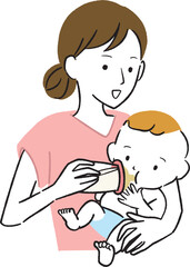 手書き風　赤ちゃんにミルクを上げる女性　上半身　フルカラー　