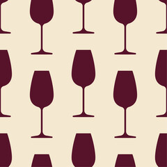 Glasses of wine seamless pattern. Maroon icons on beige background. Best for textile, bar decoration, wallpapers, wrapping paper, package and web design.