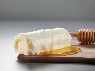 Fototapeta na wymiar Closeup picture of white cream milky kaymak butter roll poured with honey. Generative AI