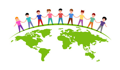 Children or people around the planet earth in flat design on white background.