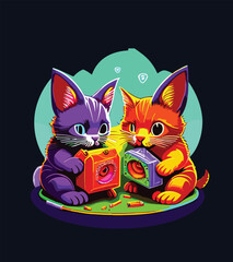 Obraz premium Cyberpunk Cat Sticker Design. Futuristic cat illustration.