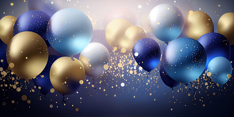 Festive background of inflated colorful balloons and flying confetti. Generative AI