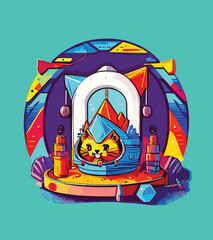 Obraz premium Cyberpunk Cat Sticker Design. Futuristic cat illustration.