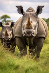 Foto op Canvas Group of rhino are standing and looking on green grass  - Generative AI © Fabio
