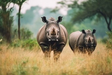 Group of rhino are standing and looking on green grass  - Generative AI