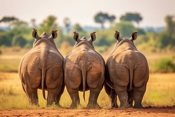 Group of rhino are standing and looking on green grass  - Generative AI