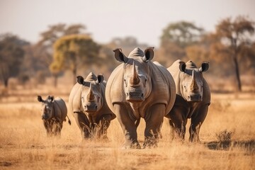 Group of rhino are standing and looking on green grass  - Generative AI