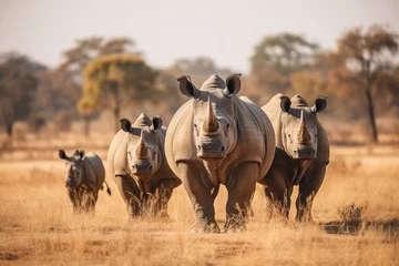 Rolgordijnen Group of rhino are standing and looking on green grass  - Generative AI © Fabio