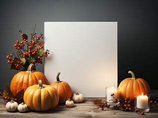 Festive autumn decor with blank white copy space surrounded by pumpkins, autumn leaves, ashberries in corners. Flat lay autumn composition. Thanksgiving banner for text. Generative AI