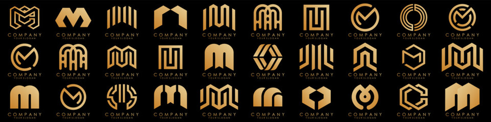 Set of letter M logo design vector. Collection of modern M letter design in golden.