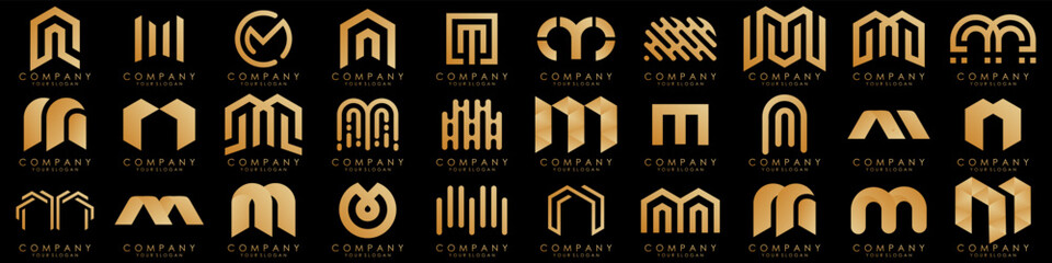 Set of letter M logo design vector. Collection of modern M letter design in golden.