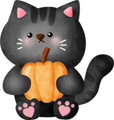 Watercolor Halloween  black cat element clipart