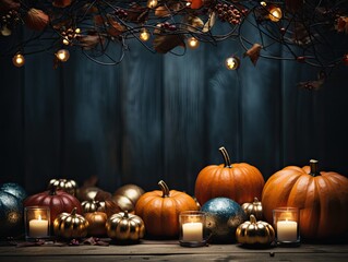 Naklejka na ściany i meble Festive autumn decor with blank copy space surrounded by pumpkins, autumn leaves, ashberries in corners. Flat lay autumn composition. Thanksgiving banner for text. Generative AI