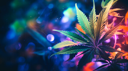 a close-up shot of a cannabis leaf gleaming with vibrant colors, while surrounded by swirling patterns and mesmerizing shapes Generative AI