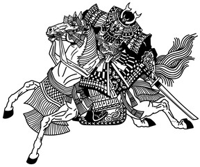 Asian cavalry warrior. Japanese Samurai horseman sitting on horseback, wearing medieval leather armor. Medieval East Asia soldier riding a pony horse in the gallop. Side view. Black and White vector 