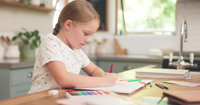 Education, girl and colouring is creative with homework at house for childhood development with pencil. Kid, learning and knowledge with drawing on paper at family home for growth or school art