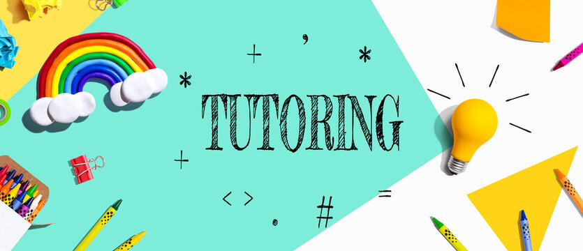 Tutoring theme with school supplies overhead view - flat lay