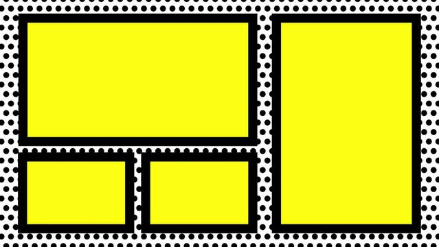 ポップなアメコミのようなコミックのコマ割りが現れる背景フレームイラストのアニメーションビデオ