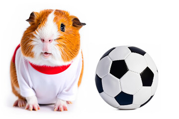Guinea pig with pole in a sports composition next to a soccer ball and white background.