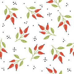 Seamless vector pattern. Ripe rosehip with leaves, sprigs of berries. Background for printing on products on white background . Vector illustration