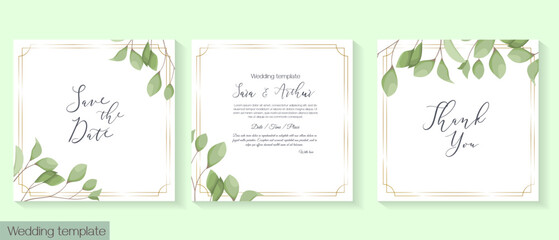Vector botanical template for wedding or other celebration invitations. Delicate green leaves on a branch in watercolor style. . Vector illustration