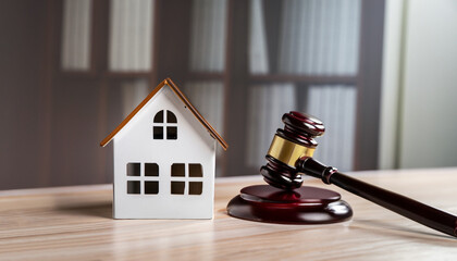 Close up Conceptual White Miniature House on Top of the Table Beside Court Gavel.