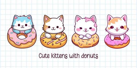 Cute baby kittens with donuts set. Kids illustration. Vector.