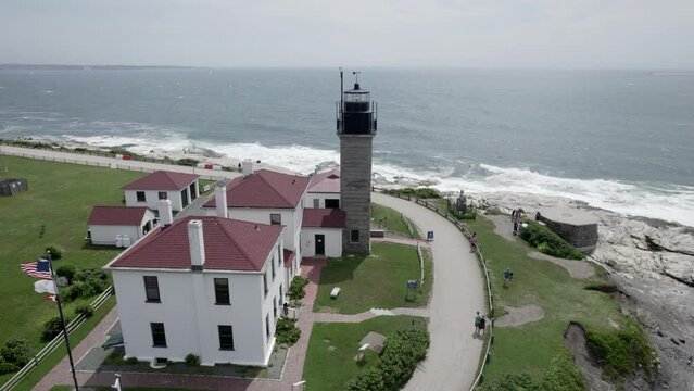 Aerial orbit video of Beavertail Lighthouse in Jamestown, Rhode Island
