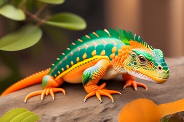 Close-up of a Panther Chameleon with colorful skin tones. Iguana lizard with beautiful color on a tree trunk.