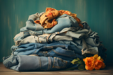 Fototapeta na wymiar Laundry blue clean pile textile closeup fabric jeans cloth apparel background stack dirty cotton