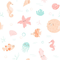 Underwater world seamless pattern. Cute sea animals, bubbles, waves and corals. Aquatic creatures with happy kawaii face. Puffer fish, star, seahorse, squid swimming on white background. Vector art