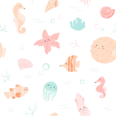 Fotobehang In de zee Underwater world seamless pattern. Cute sea animals, bubbles, waves and corals. Aquatic creatures with happy kawaii face. Puffer fish, star, seahorse, squid swimming on white background. Vector art