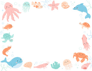 Fototapeta na wymiar Underwater animals frame with copy space. Blank template with cute aquatic creatures in border, water bubbles. Funny crab, fish, jelly, turtle baby. Vector illustration for kids designs.