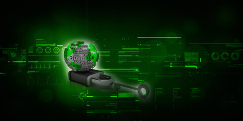 3D illustration key and lock with globe