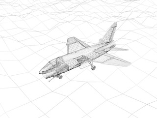 3d rendering wireframe  of F-16 fighting falcon flies over a sea
