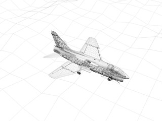 3d rendering wireframe  of F-16 fighting falcon flies over a sea