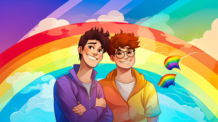 Illustration of two gay guys smiling on a bright rainbow background. AI generation
