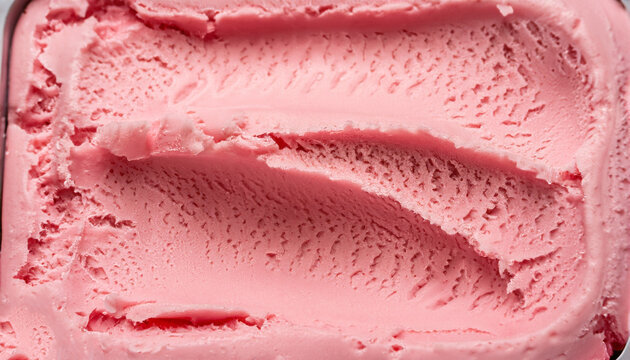 Macro background of the surface texture of a scoop of creamy strawberry icecream in square format