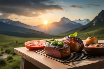 A grill with a variety of meats on it - obrazy, fototapety, plakaty
