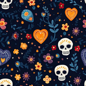 Minimalistic Seamless Pattern Watercolor Dia De Los Muertes Skulls And Flowers On Dark Blue Background Repeating Design. Textiles, Banners, Wallpapers, Prints, Wrapping Design. Generative AI