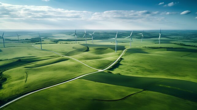 An aerial view captures the grandeur of wind turbines standing tall in lush green fields, under the vast expanse of a blue sky, a testament to sustainable and renewable energy sources. Generative AI