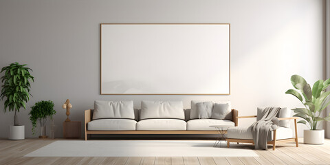 Poster mockup with horizontal empty frame on grey wall in modern living room interior with sofa and plant pots print mock up